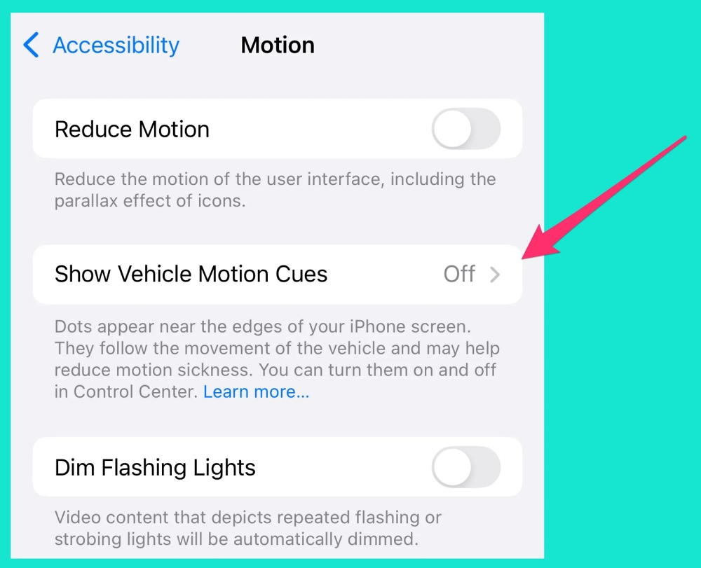 Disable Vehicle Motion Cues on iPhone