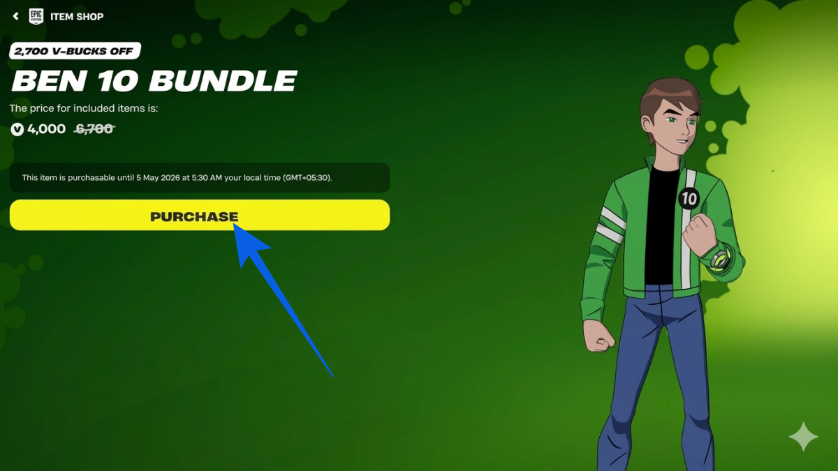 Press and hold Purchase to Get the Ben 10 Skins in Fortnite