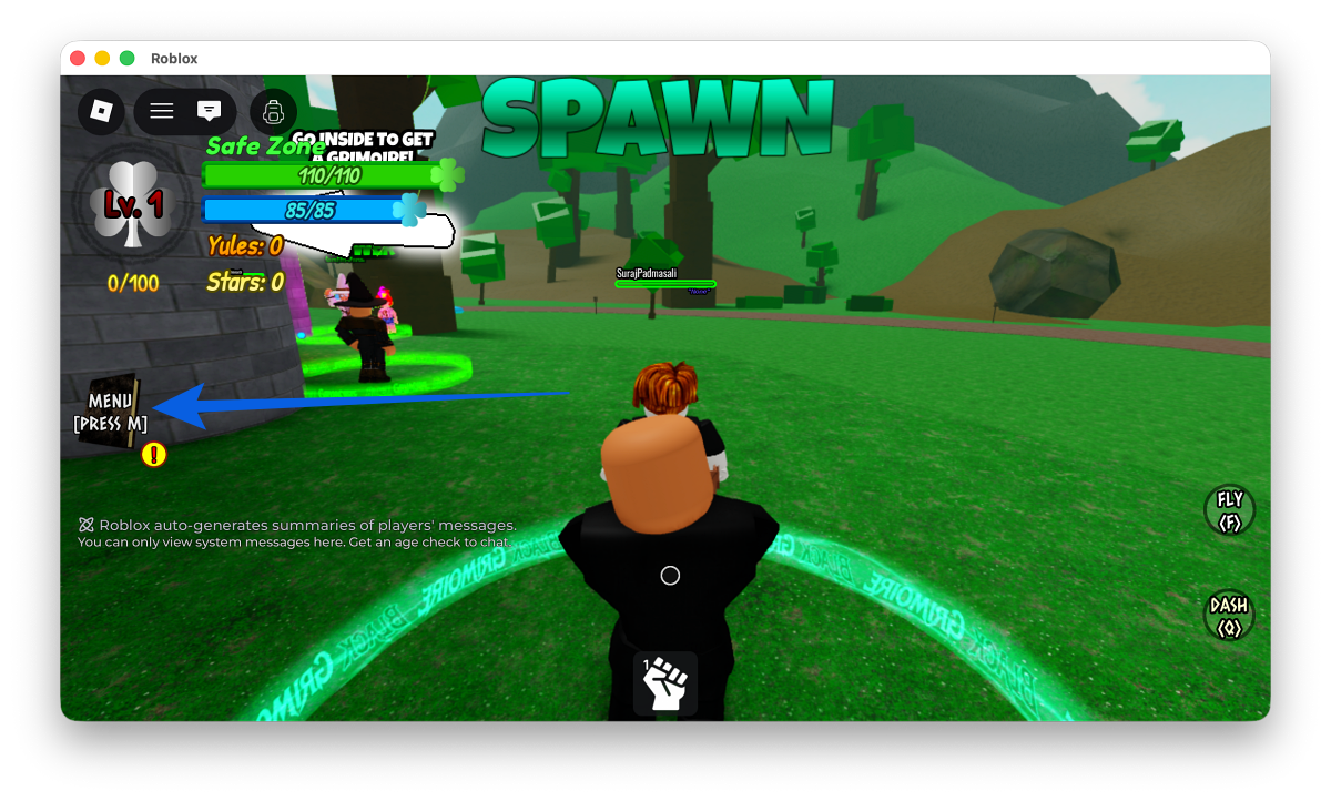 Press the M or tap the menu button in Black Grimoire on Roblox