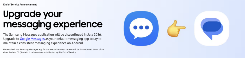 Samsung Messages application will be discontinued in July 2026