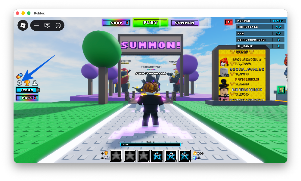 Click gear icon in Noob Tower Defense on Roblox