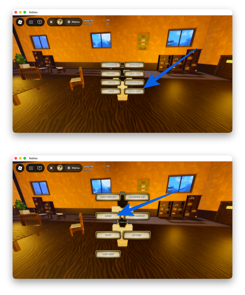 Navigate to Extra Menu → Codes in Ninja Time
