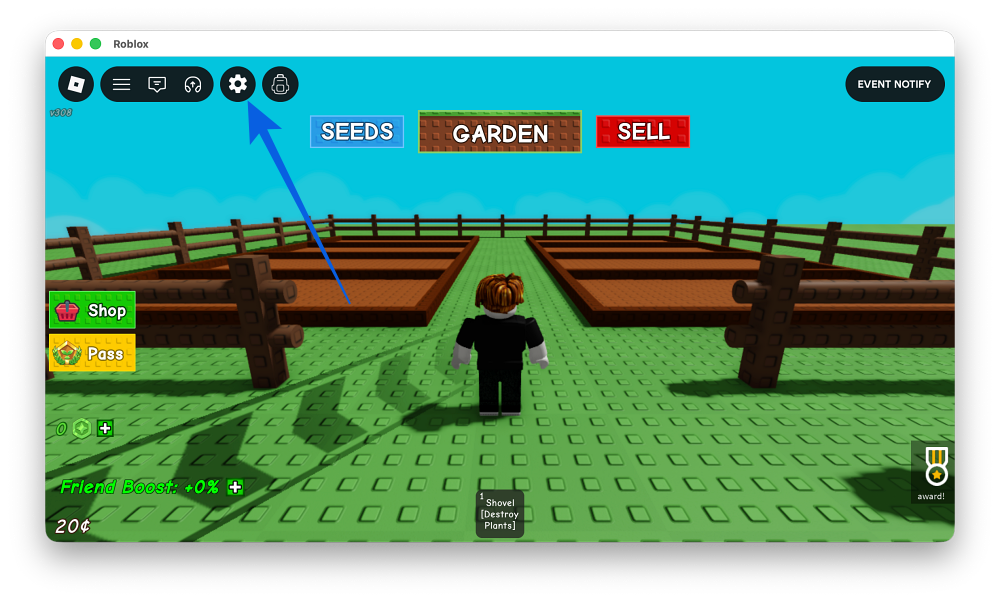 Open Grow a Garden through the Roblox launcher, Click the Settings icon