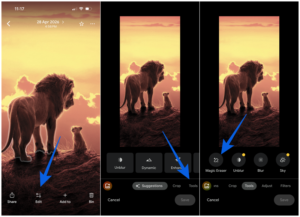 Select Magic Eraser in Google Photos app on iPhone