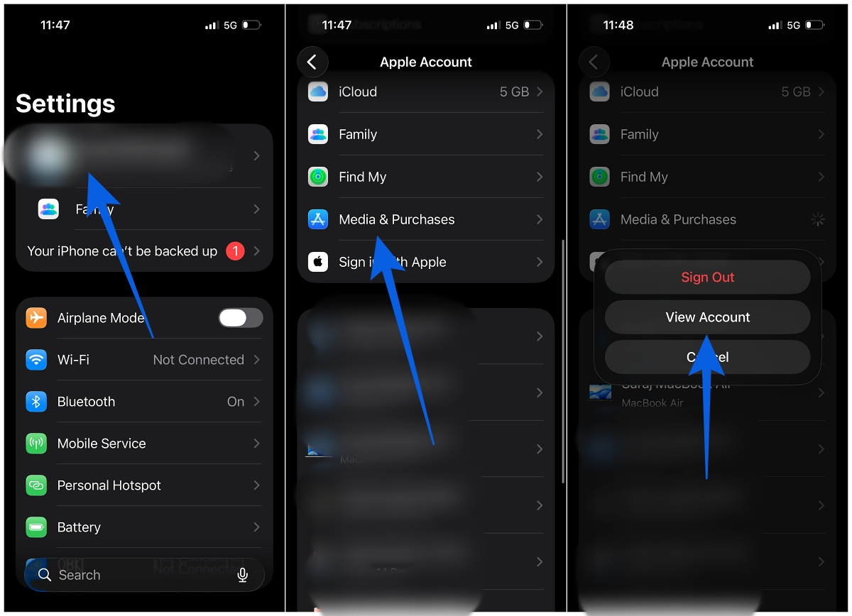 Tap Media & Purchases, then select View Account from the pop-up