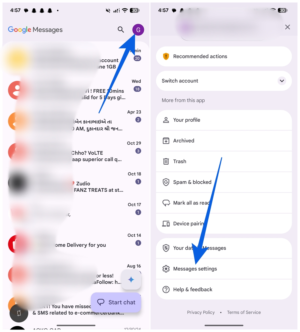 Tap your profile icon or the three-dot menu and Go to Message settings