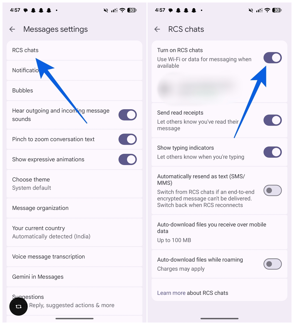 Turn on RCS chats is toggled on