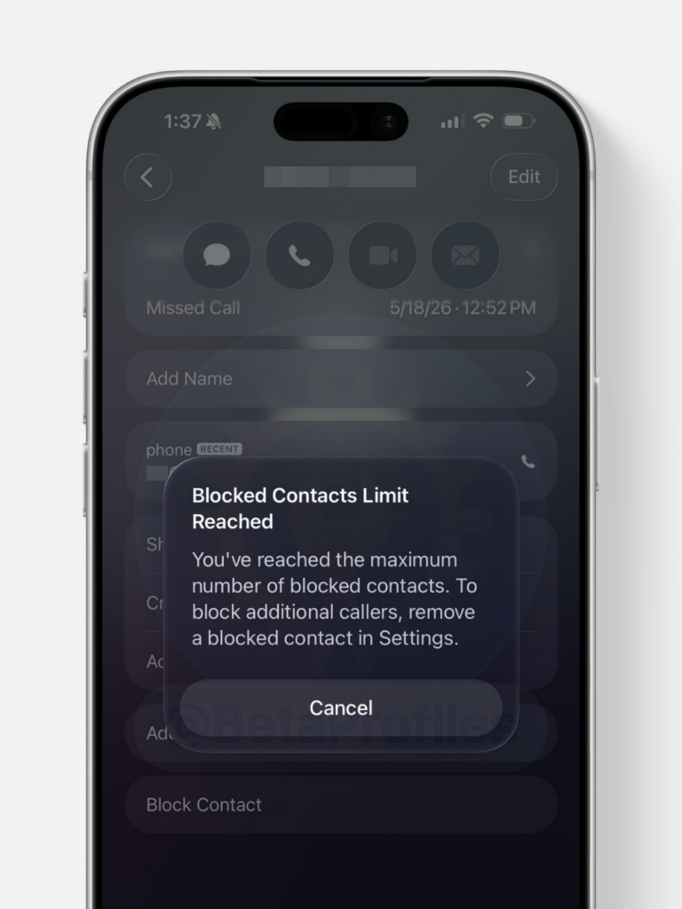 iOS 26.6 beta 1 will show an alert if you’ve reached the blocked contacts limit