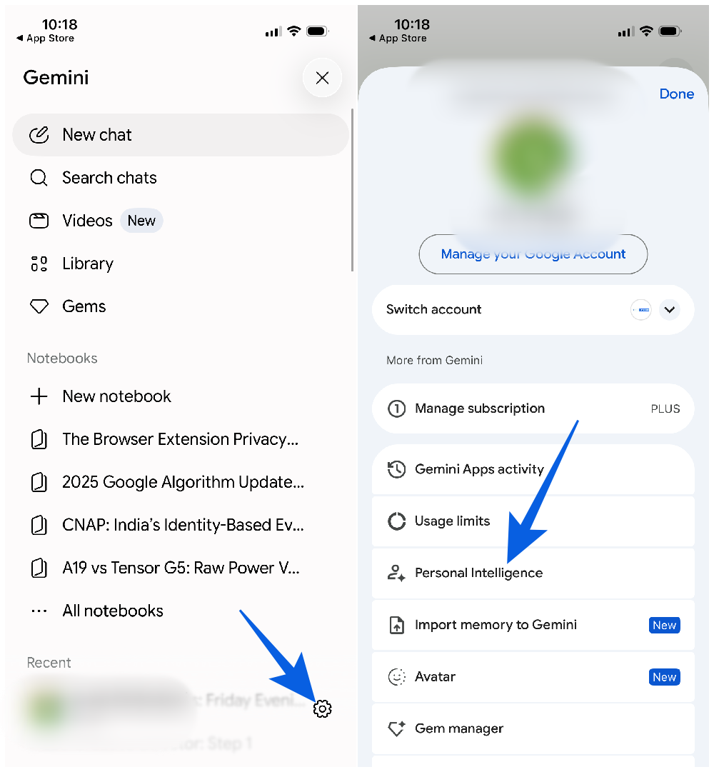 Tap Profile, Settings, Personal Intelligence, Connected Apps
