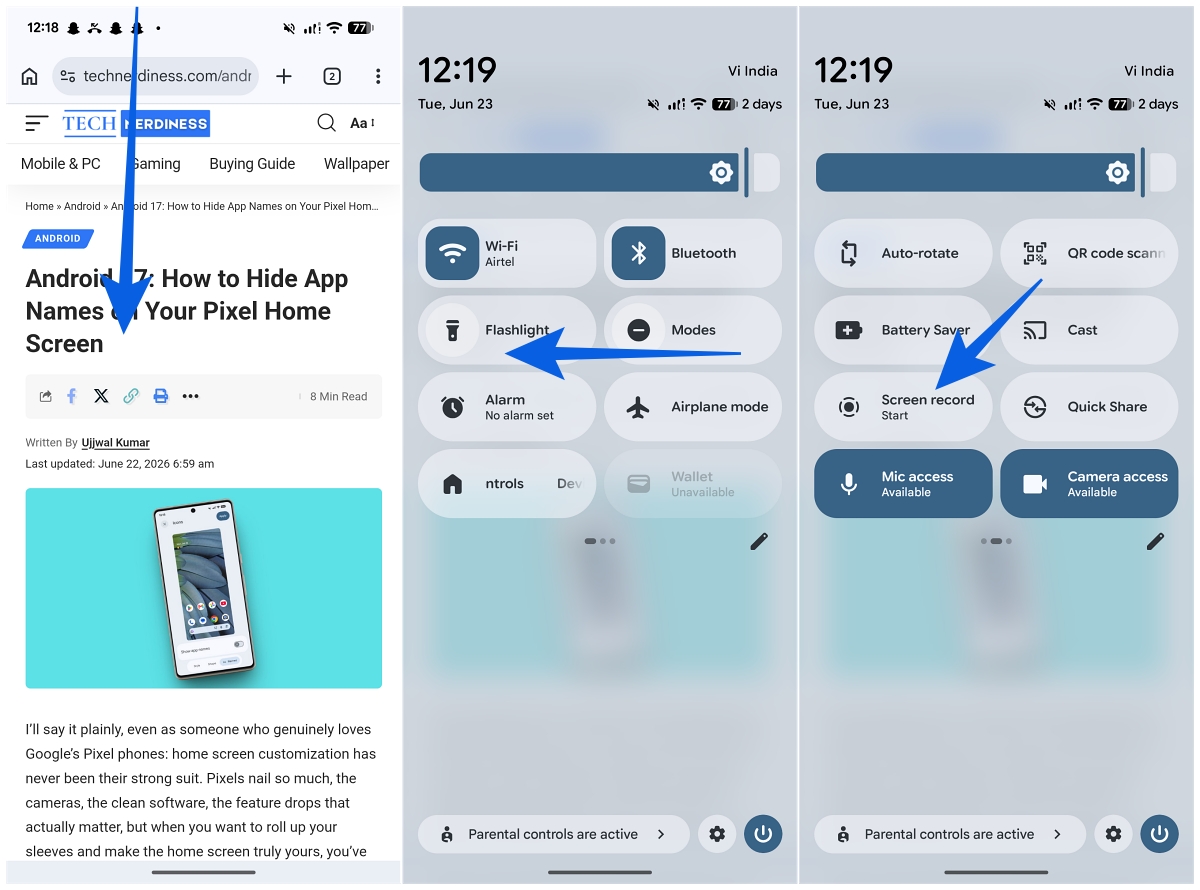 Tap the Screen Record in Quick Settings on Android 17