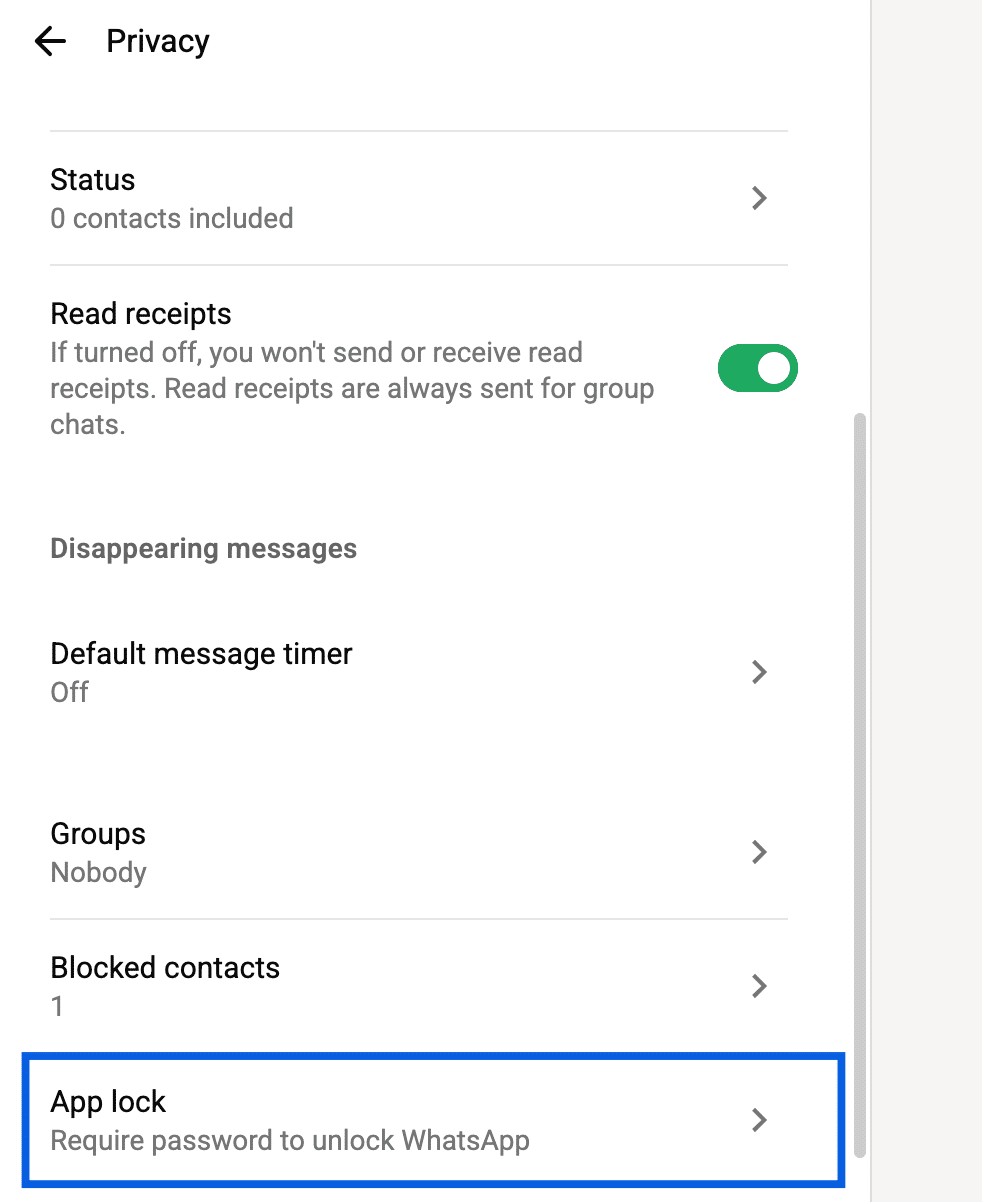 Go to Privacy, then select App Lock in WhatsApp Web