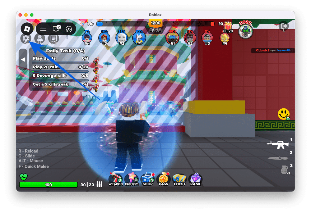 Open the Settings menu in Strike Back on Roblox