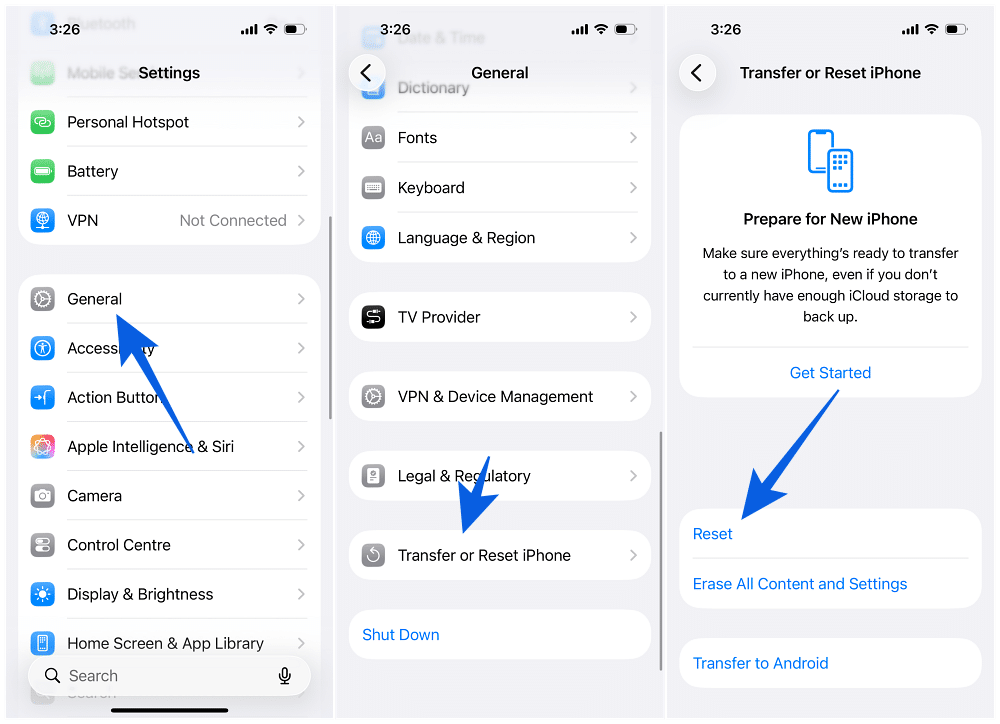 Tap Reset in iPhone Settings
