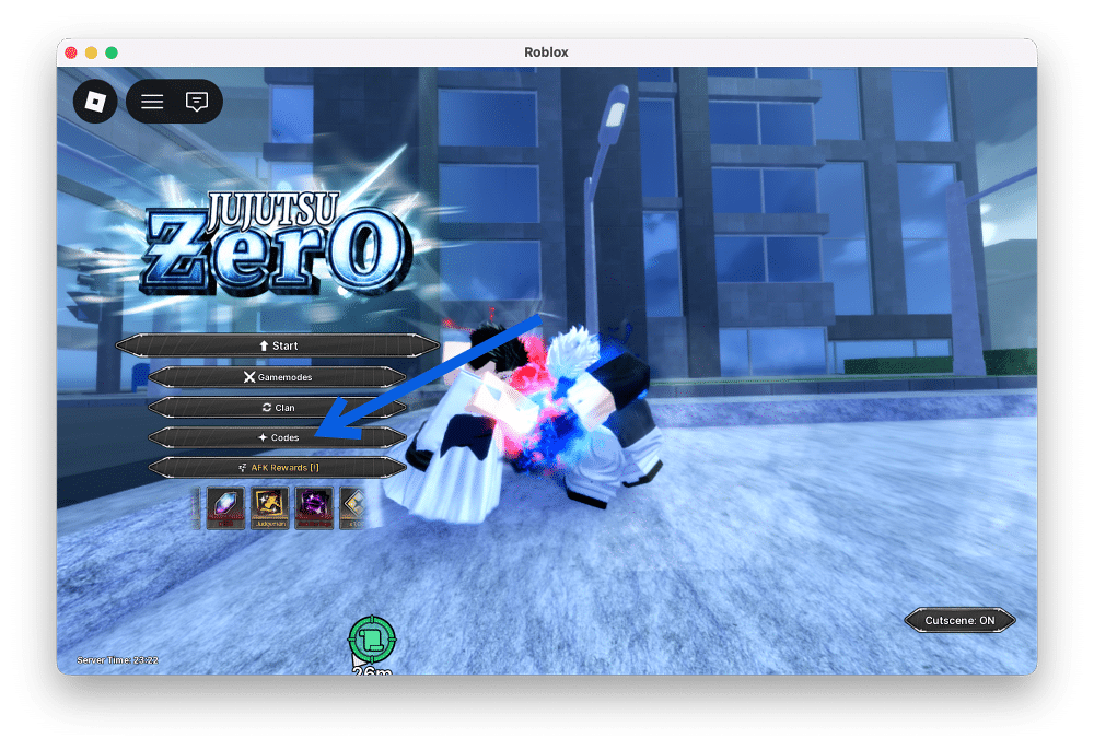 Click Codes in the main menu in Jujutsu Zero on Roblox