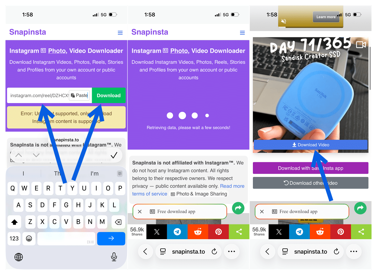 Download Instagram Reel without Watermark using SnapInsta