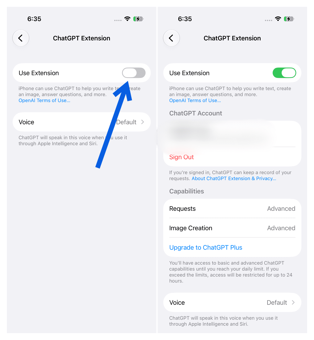 Enable ChatGPT Extension in Siri Settings on iPhone