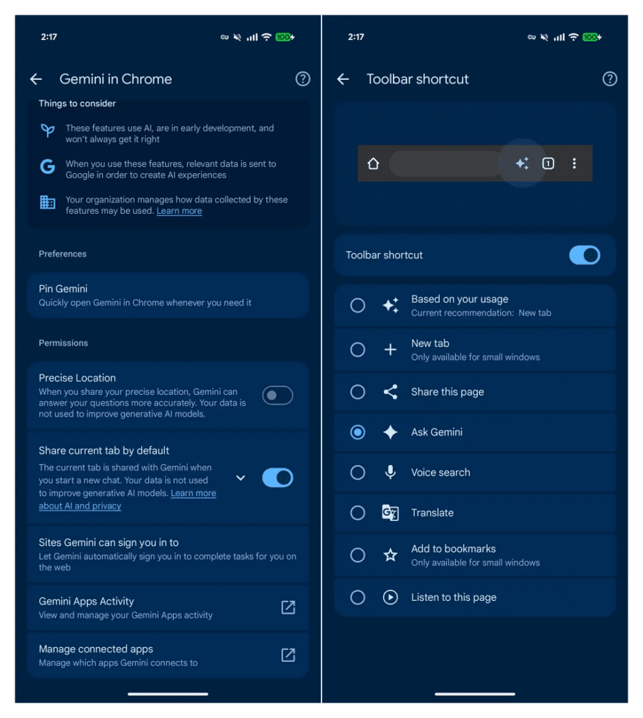 Gemini in Chrome for Android