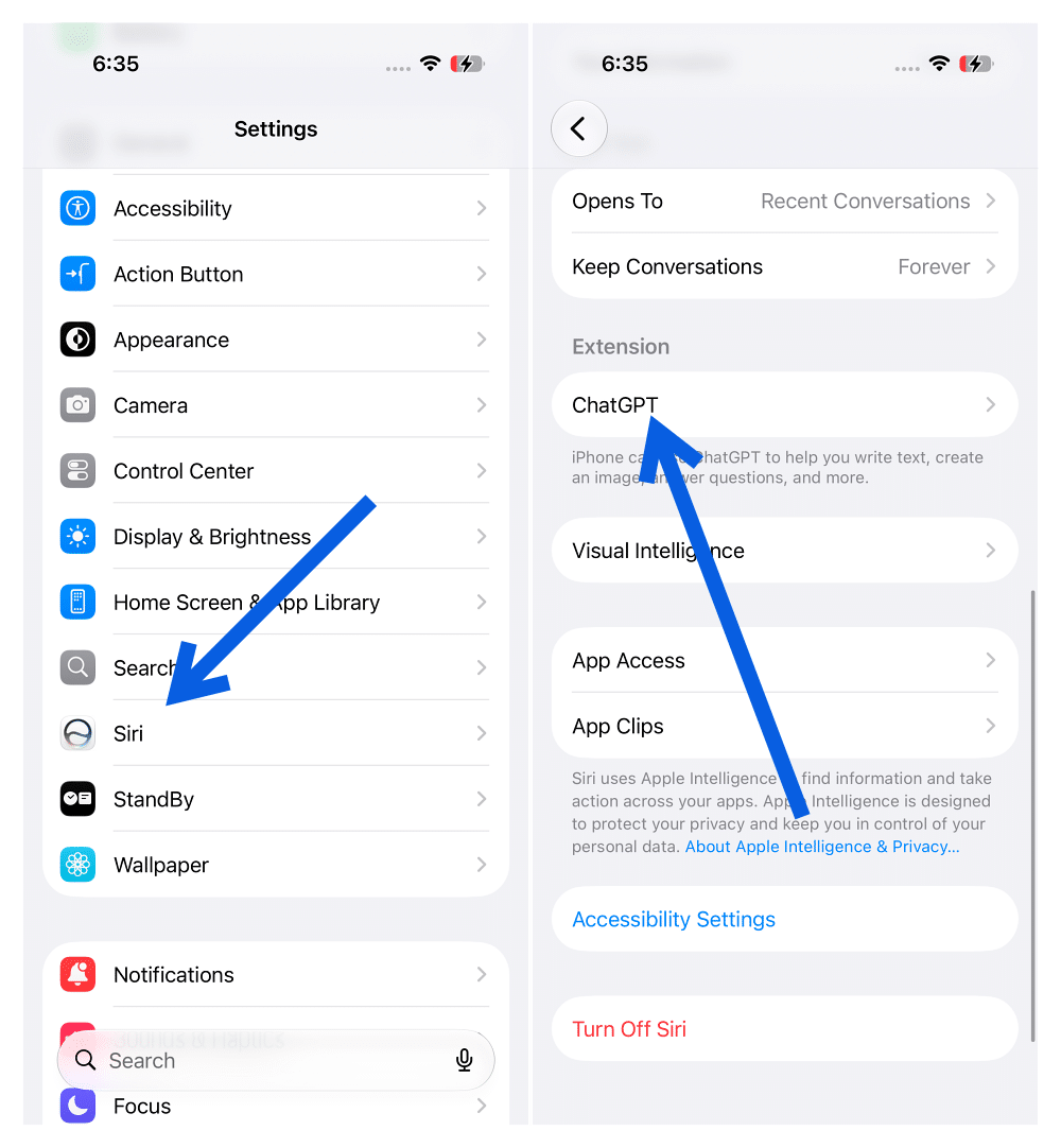 Tap ChatGPT in Siri Settings on iPhone