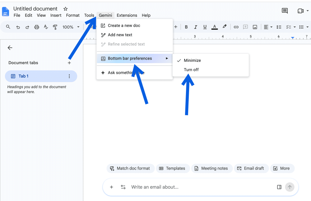 Turn Off the Gemini Bottom Bar in Google Docs
