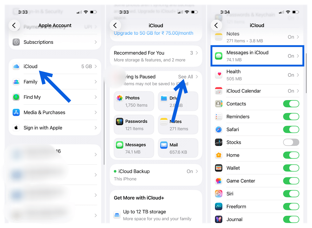 Turning on Messages in iCloud on iPhone