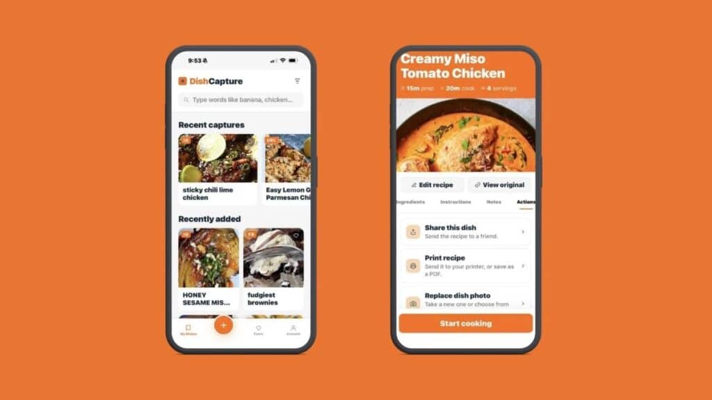 DishCapture app home feed and recipe details screen for creamy miso tomato chicken