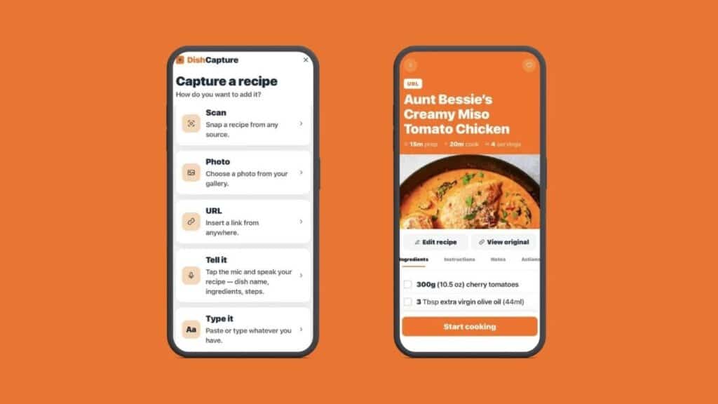 DishCapture recipe capture options and ingredients list screen