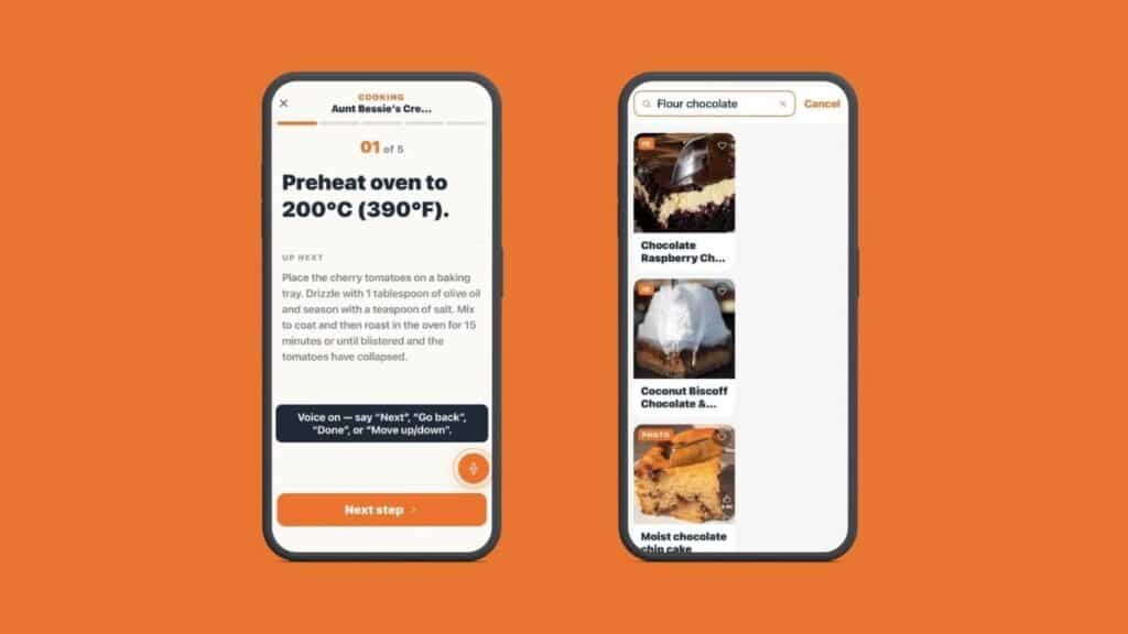 DishCapture step-by-step cooking mode and recipe search screen