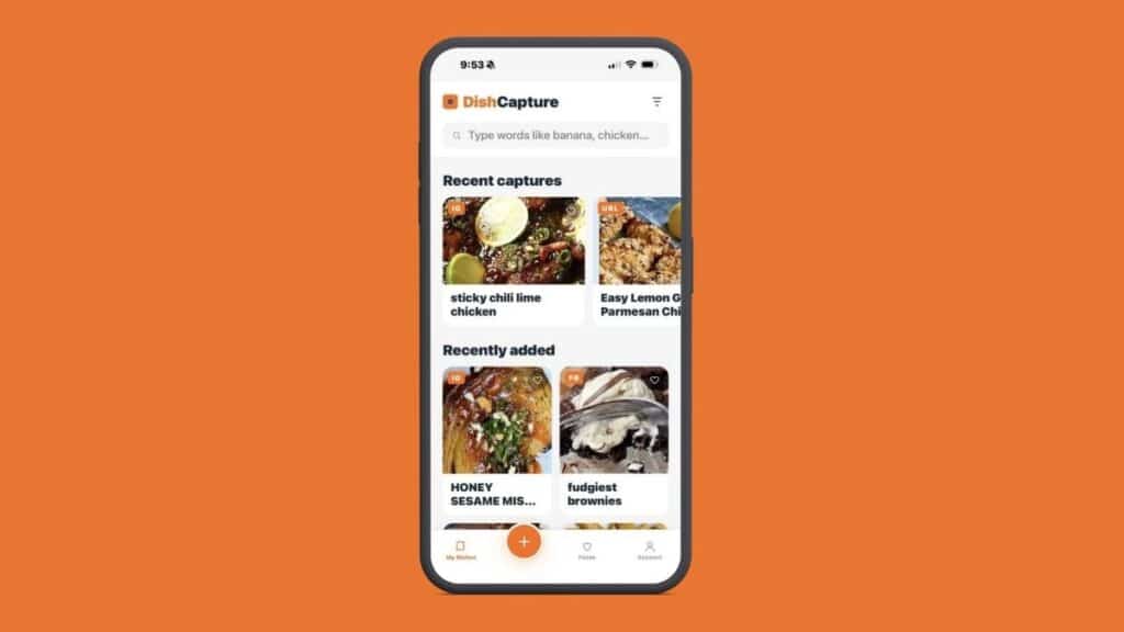 Smartphone showing DishCapture recipe organizer app feed