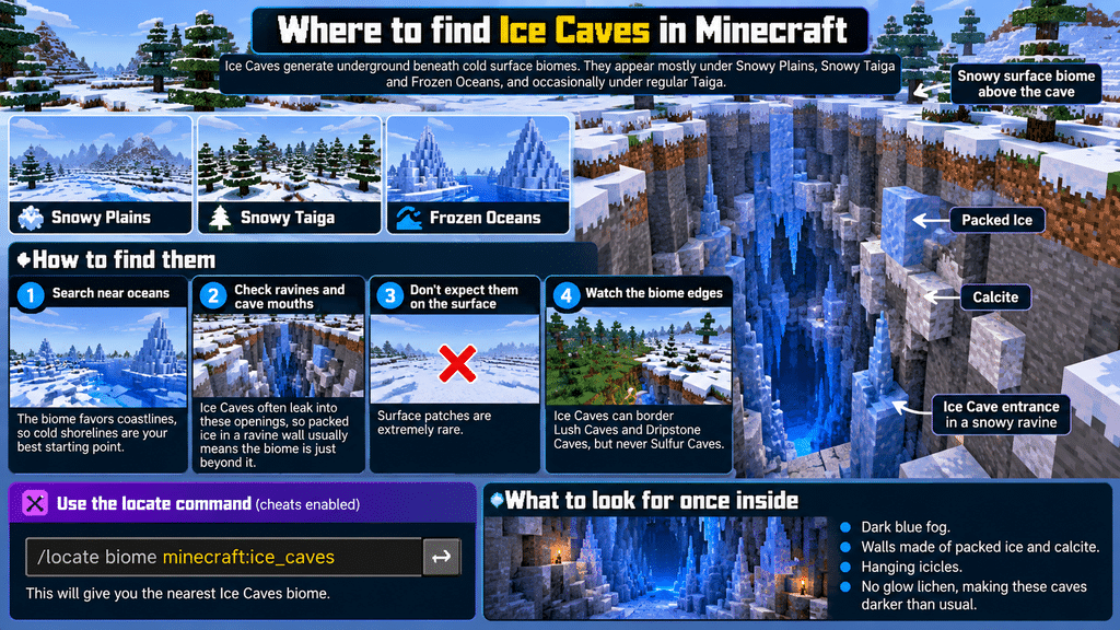 Packed ice and calcite visible in a Minecraft ravine wall below a snowy biome