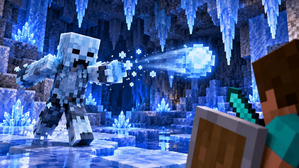 Frostbite zombie variant in Minecraft throwing an ice ball inside an Ice Cave