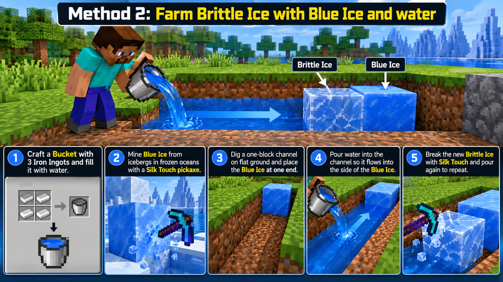 Water flowing into a blue ice block inside a dirt channel, forming a brittle ice block