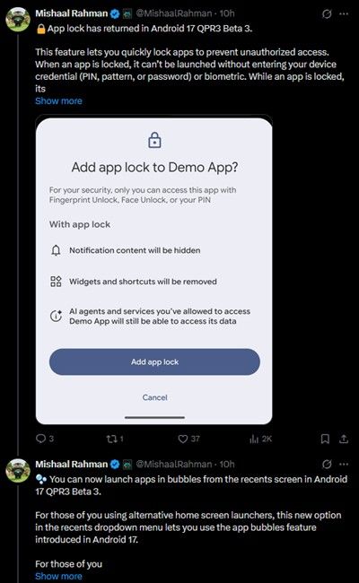 App lock settings in Android 17 QPR3 Beta 3