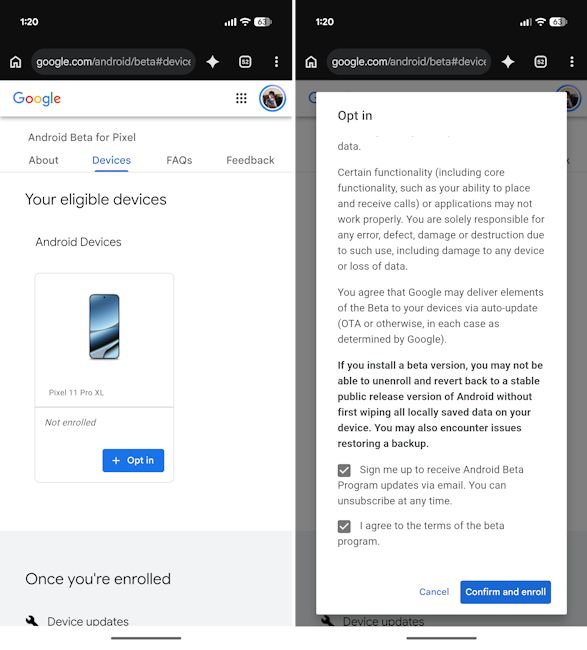Opting a Pixel into the Android Beta Program