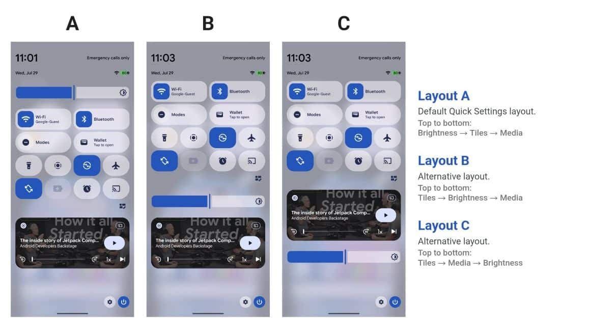 New Quick Settings layout options in Android Canary 2608 on a Pixel
