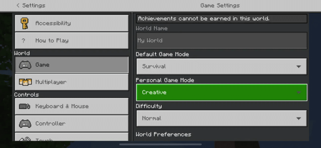change game mode in Minecraft Bedrock Edition Using Settings