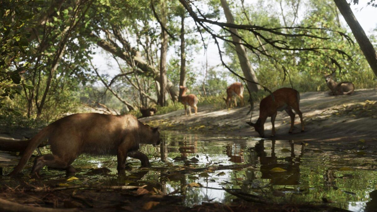 A cougar stalking deer beside a stream in GTA 6's Mount Kalaga National Park