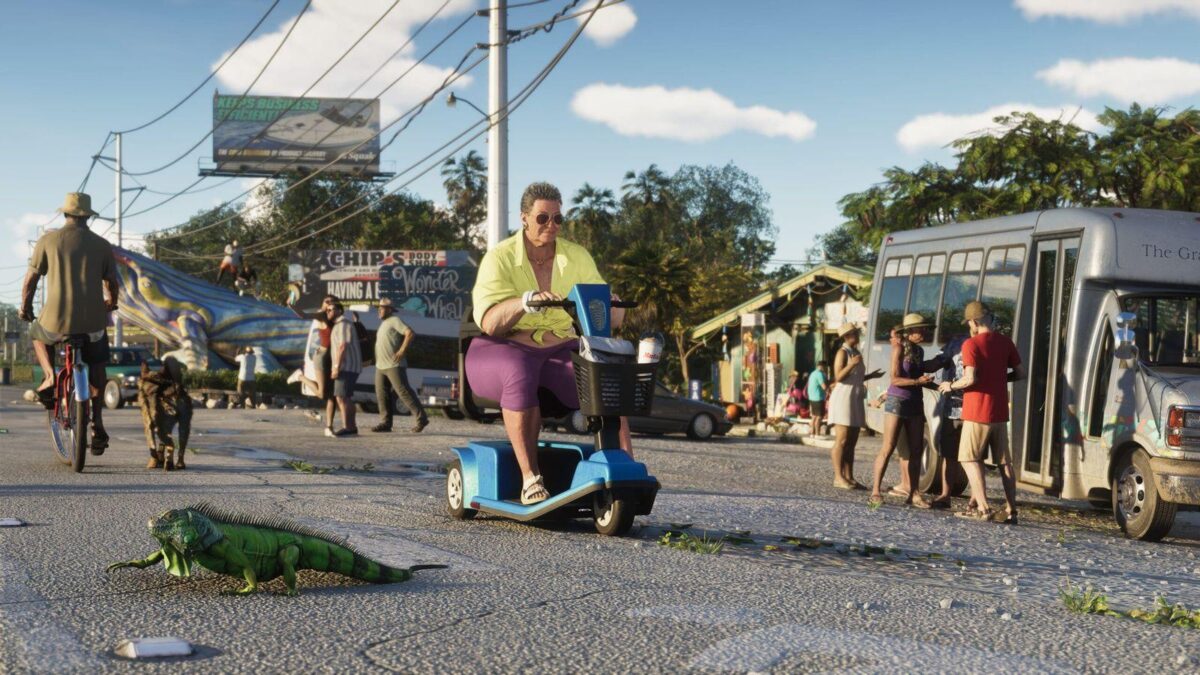 An iguana walking down a street near residents in GTA 6's Leonida Keys