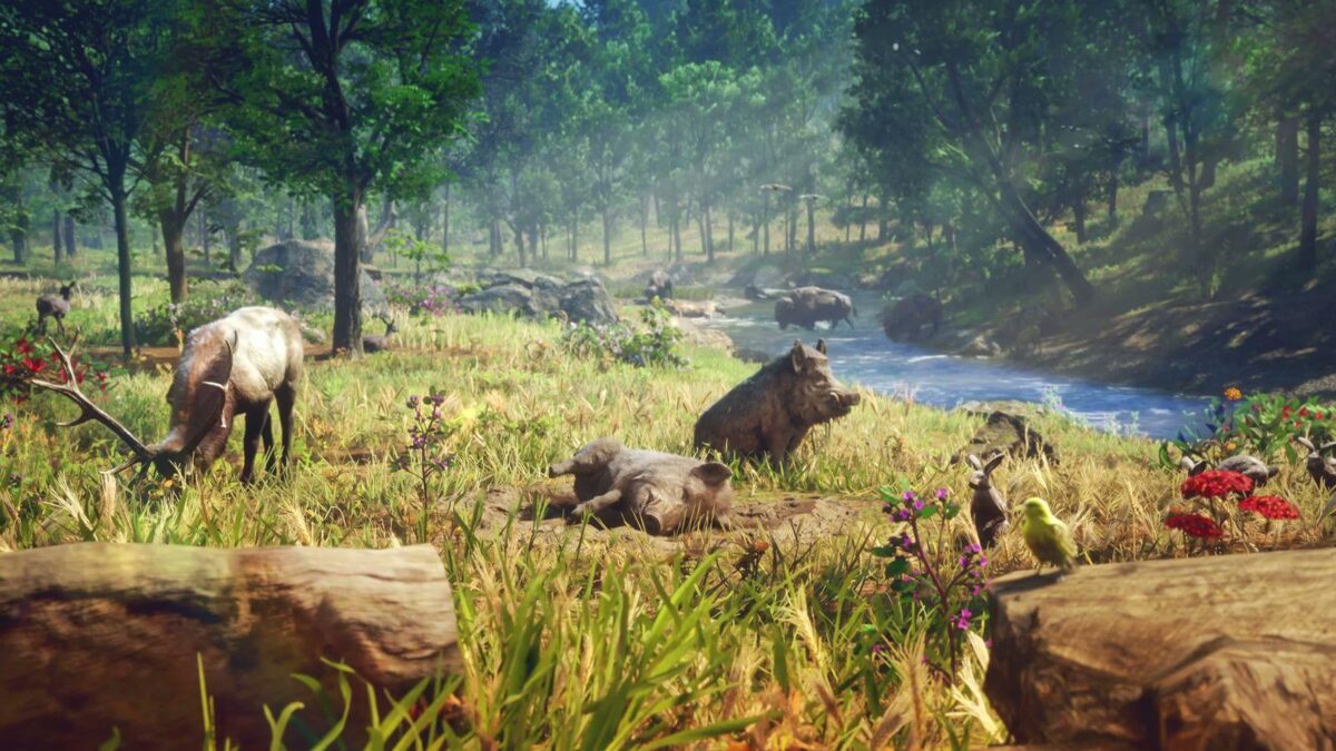 Boars, deer, rabbits and birds gathered near a woodland creek in GTA 6