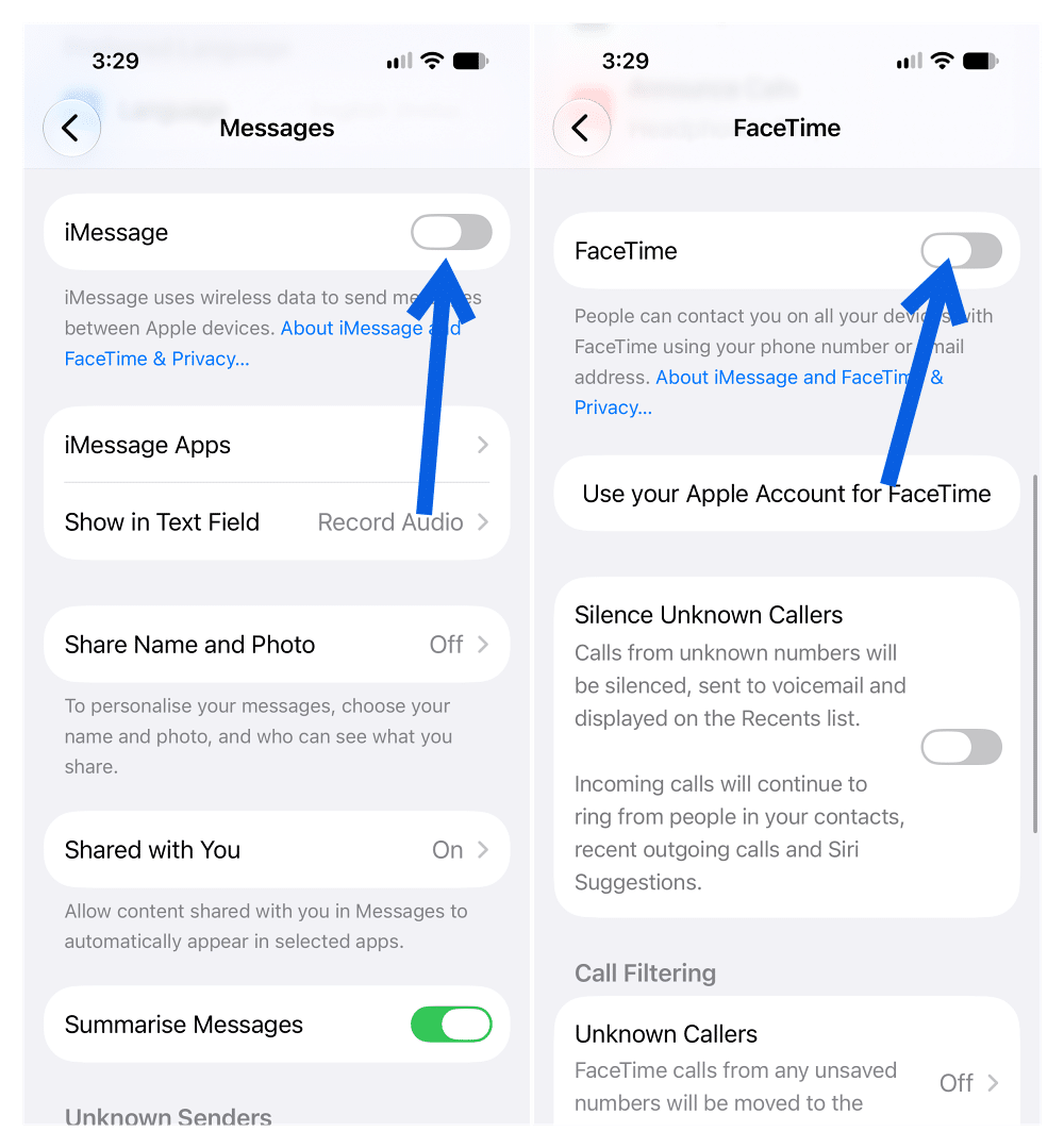 turn off iMessage and FaceTime on iPhone